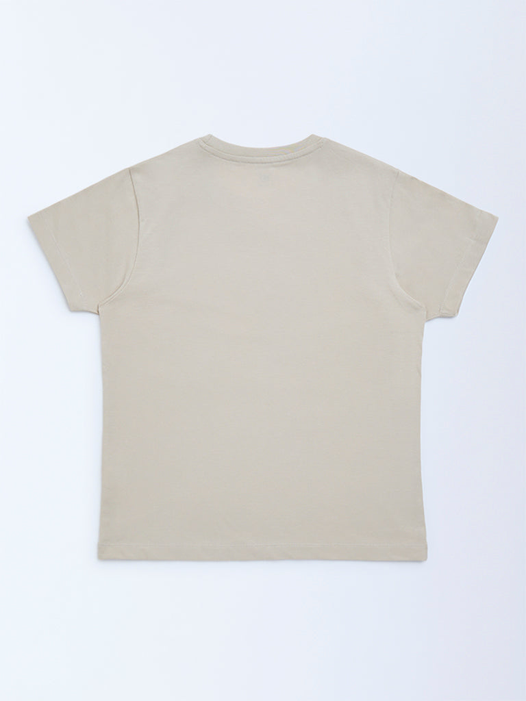 Y&F Kids Beige Text Printed Cotton T-Shirt