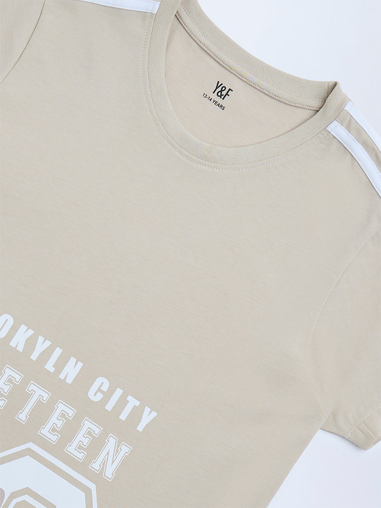 Y&F Kids Beige Text Printed Cotton T-Shirt