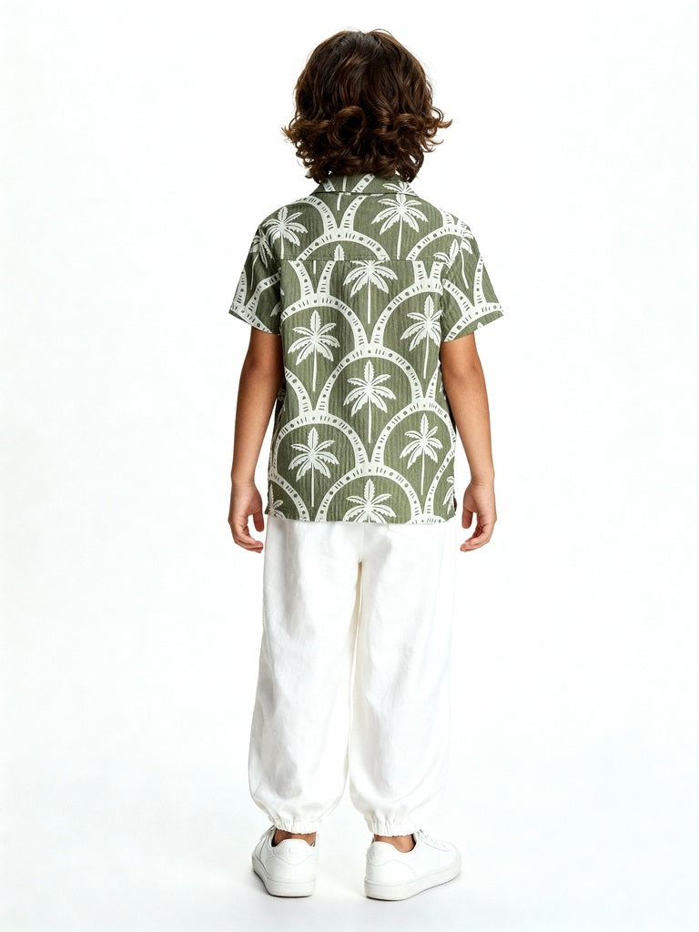 HOP Kids Olive Tropical-Inspired Cotton-Blend Shirt