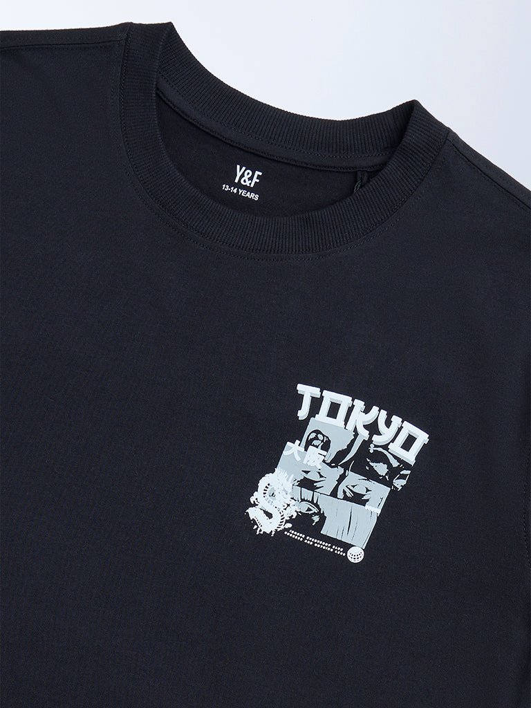 Y&F Kids Black Printed Cotton T-Shirt