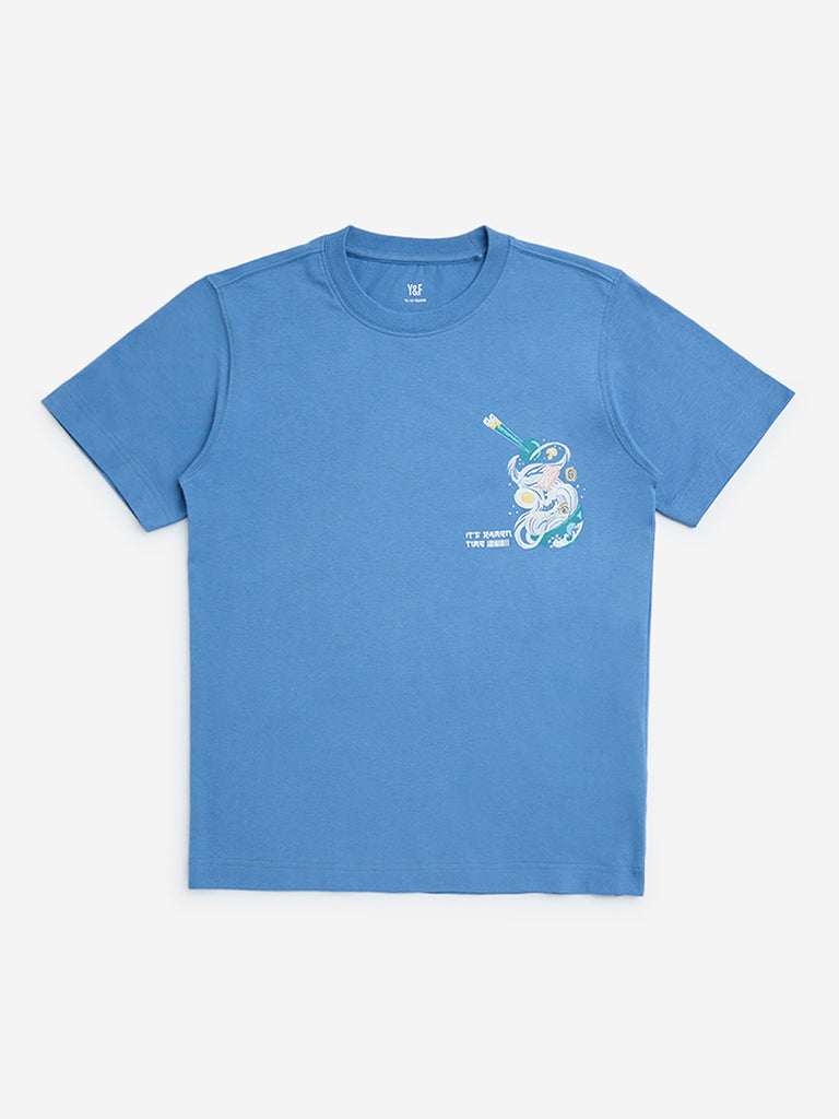 Y&F Kids Blue Graphic Design Cotton T-Shirt