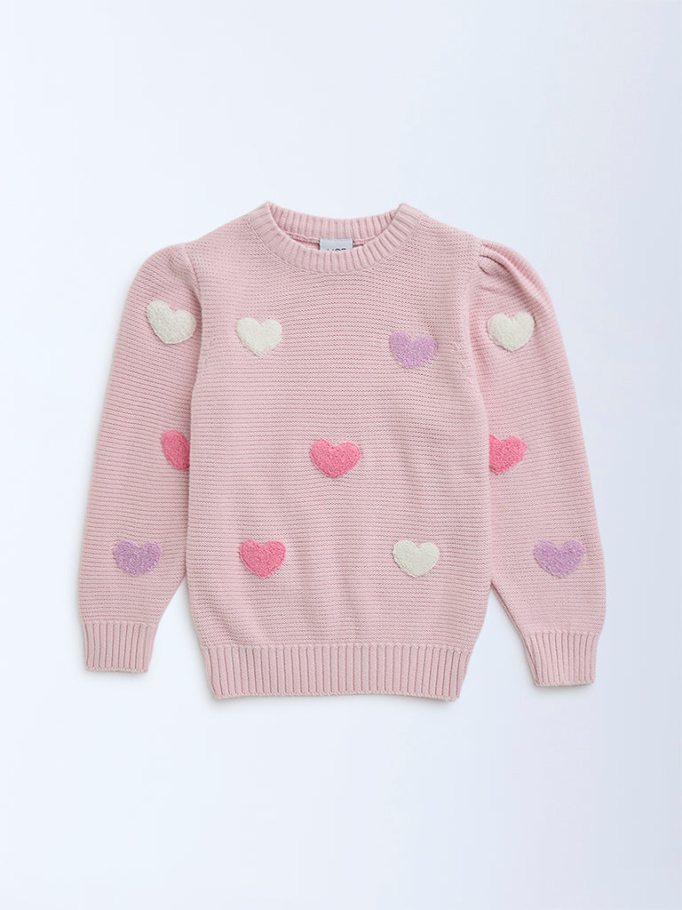HOP Kids Pink Heart Embroidered Cotton Sweater