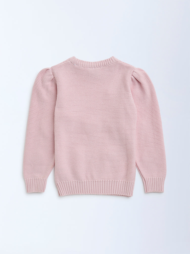 HOP Kids Pink Heart Embroidered Cotton Sweater