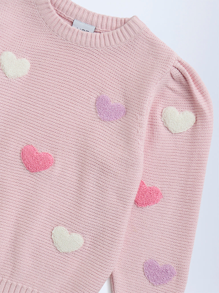 HOP Kids Pink Heart Embroidered Cotton Sweater