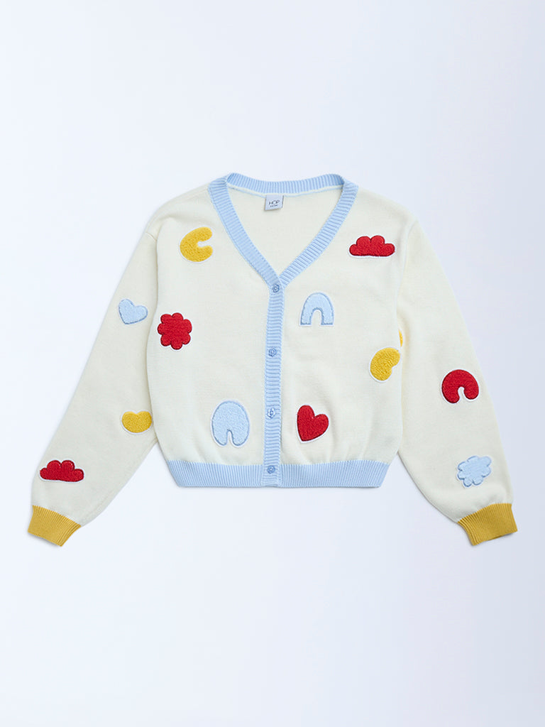 HOP Kids Off-White Embroidered Cotton Cardigan