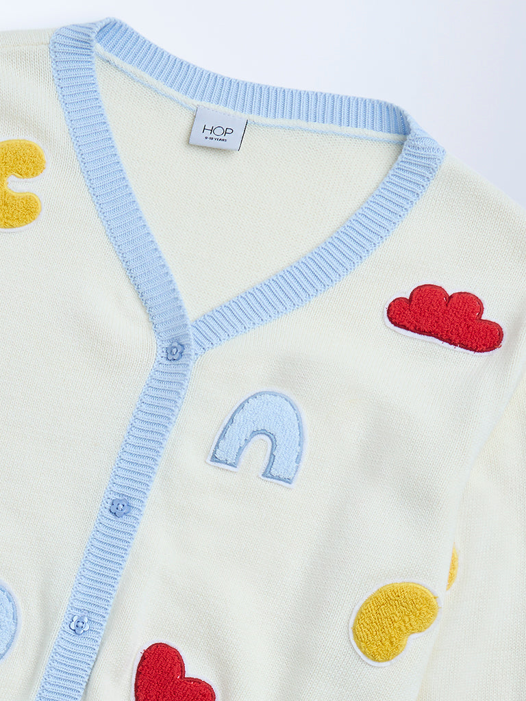 HOP Kids Off-White Embroidered Cotton Cardigan