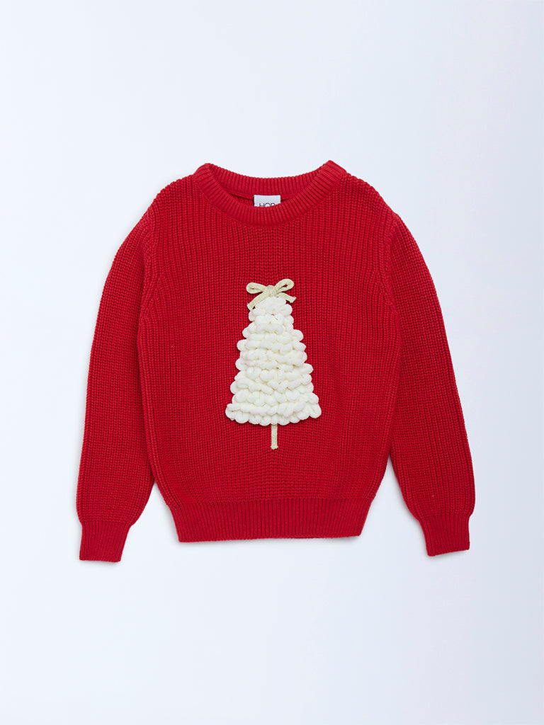 HOP Kids Red Christmas Tree Applique Cotton Sweater