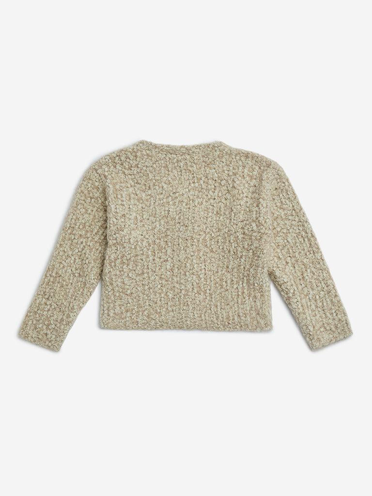 HOP Kids Beige Floral Detailed Fleece Cardigan