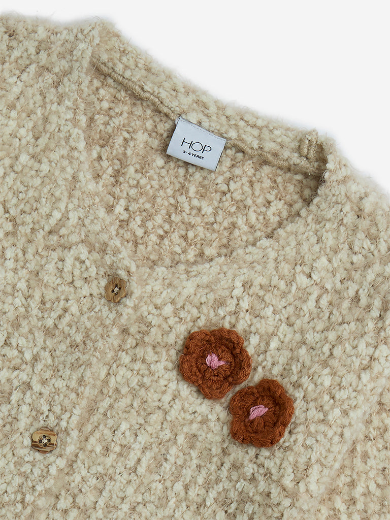 HOP Kids Beige Floral Detailed Fleece Cardigan