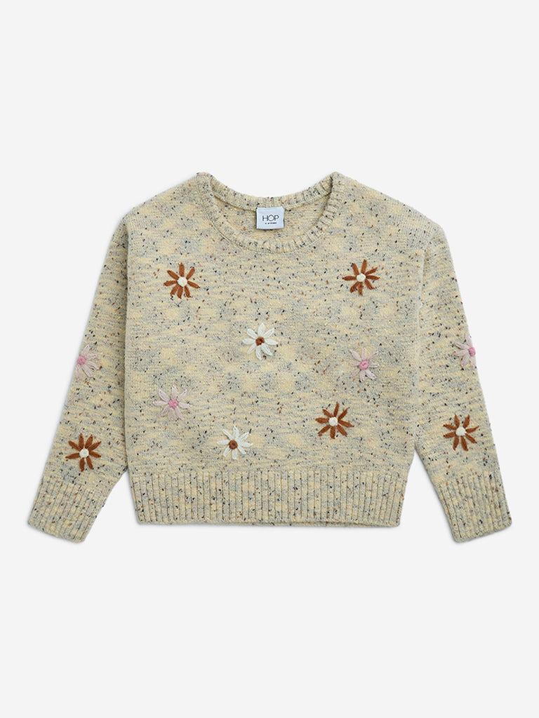 HOP Kids Beige Floral Embroidered Sweater