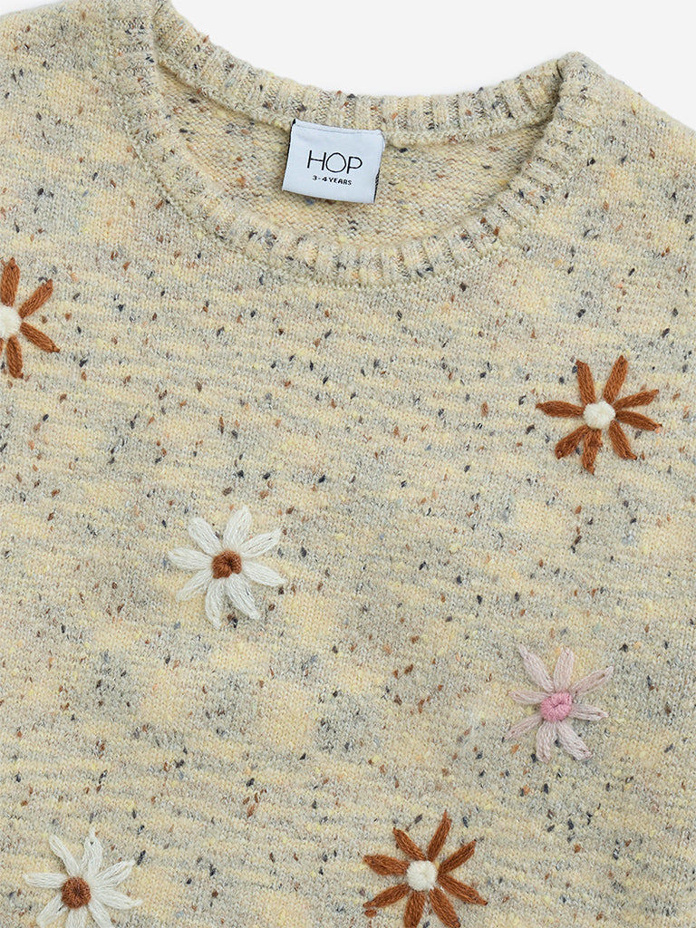 HOP Kids Beige Floral Embroidered Sweater