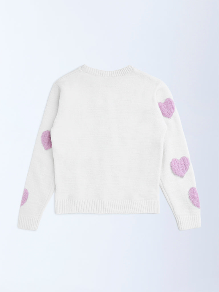 HOP Kids White Heart Printed Sweater