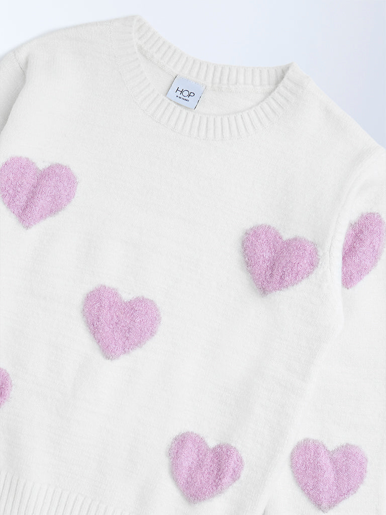 HOP Kids White Heart Printed Sweater
