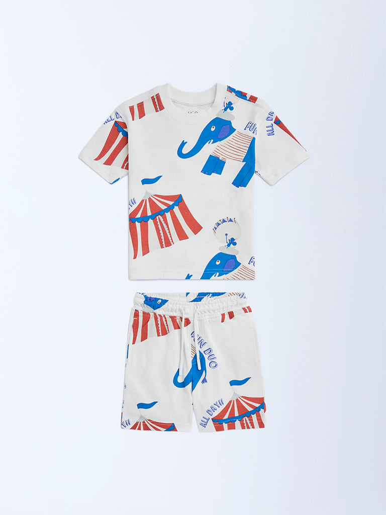 HOP Kids White Circus-Themed Cotton T-Shirt and Shorts Set