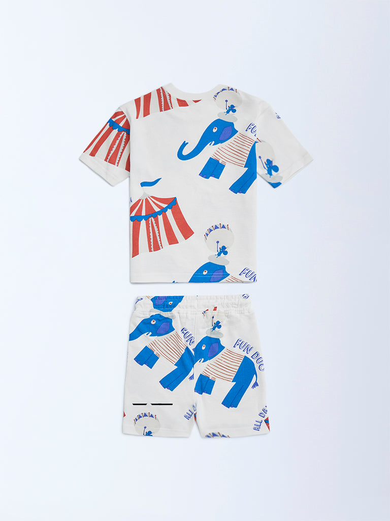 HOP Kids White Circus-Themed Cotton T-Shirt and Shorts Set