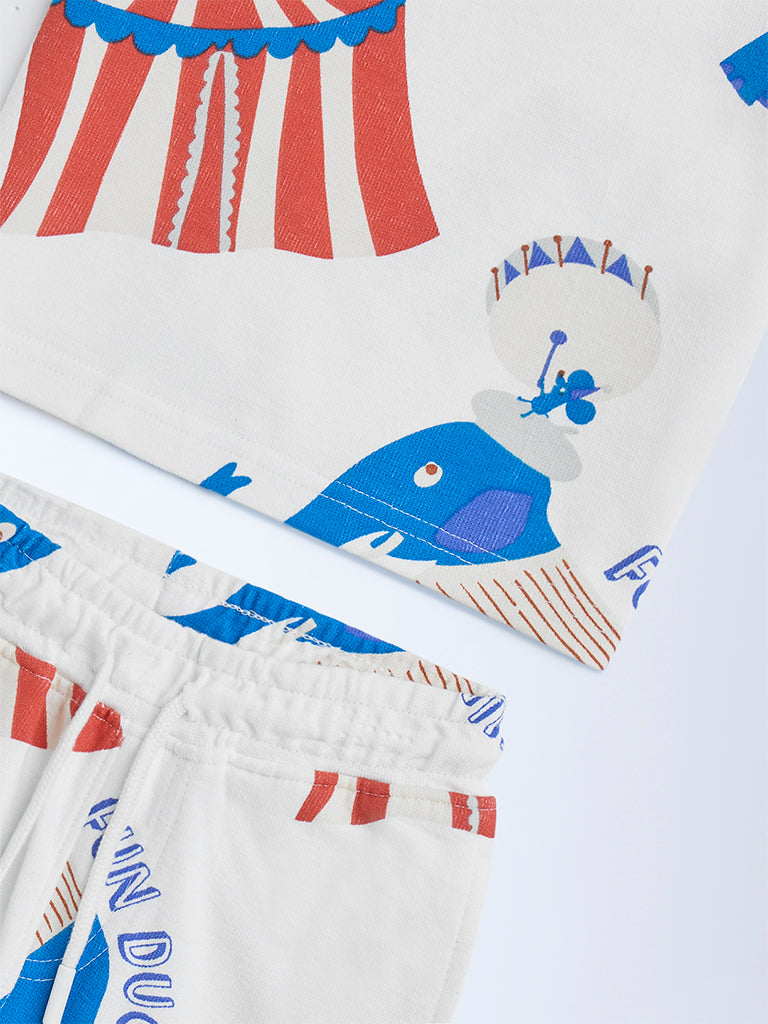 HOP Kids White Circus-Themed Cotton T-Shirt and Shorts Set