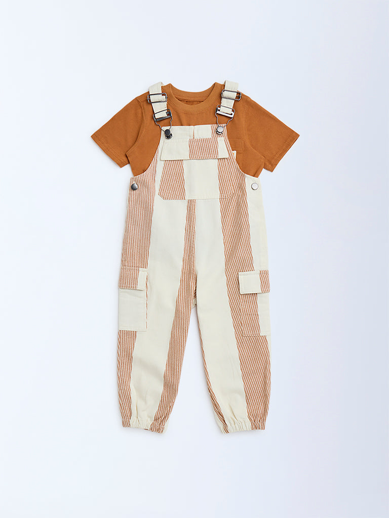 HOP Kids Orange Printed Cotton Dungaree with T-Shirt Set