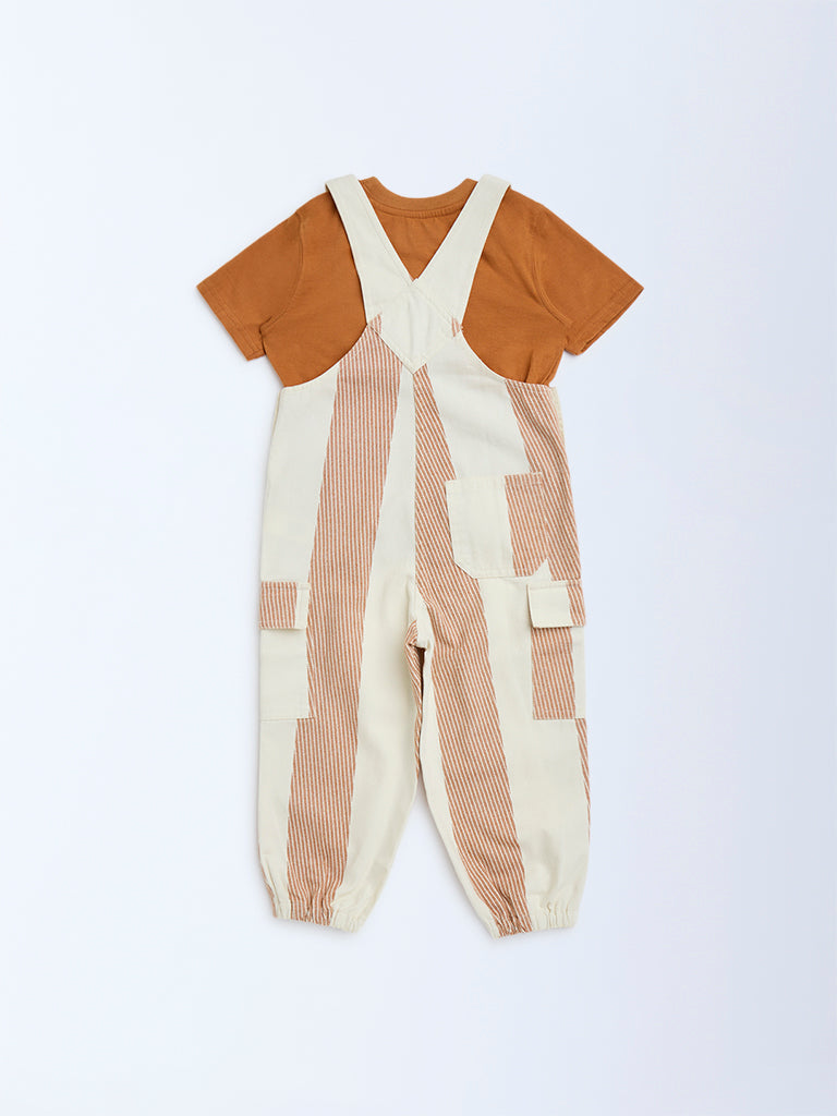 HOP Kids Orange Printed Cotton Dungaree with T-Shirt Set