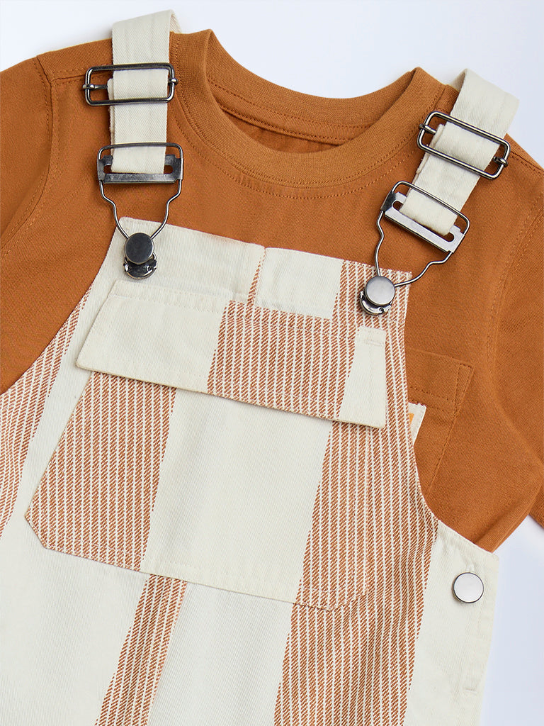 HOP Kids Orange Printed Cotton Dungaree with T-Shirt Set