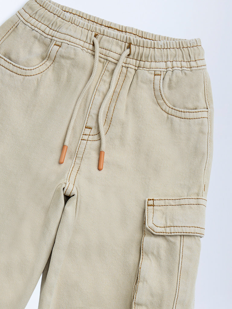 HOP Kids Beige Cargo-Style Mid-Rise Jeans