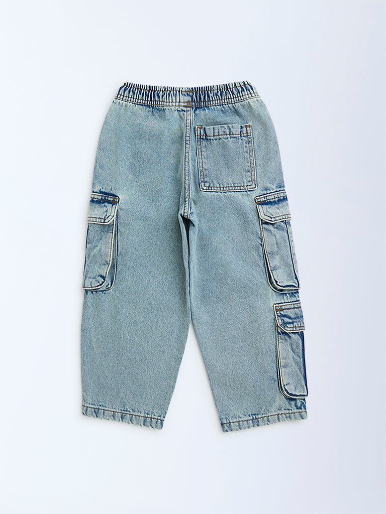 HOP Kids Blue Cargo-Style Relaxed-Fit Mid-Rise Jeans