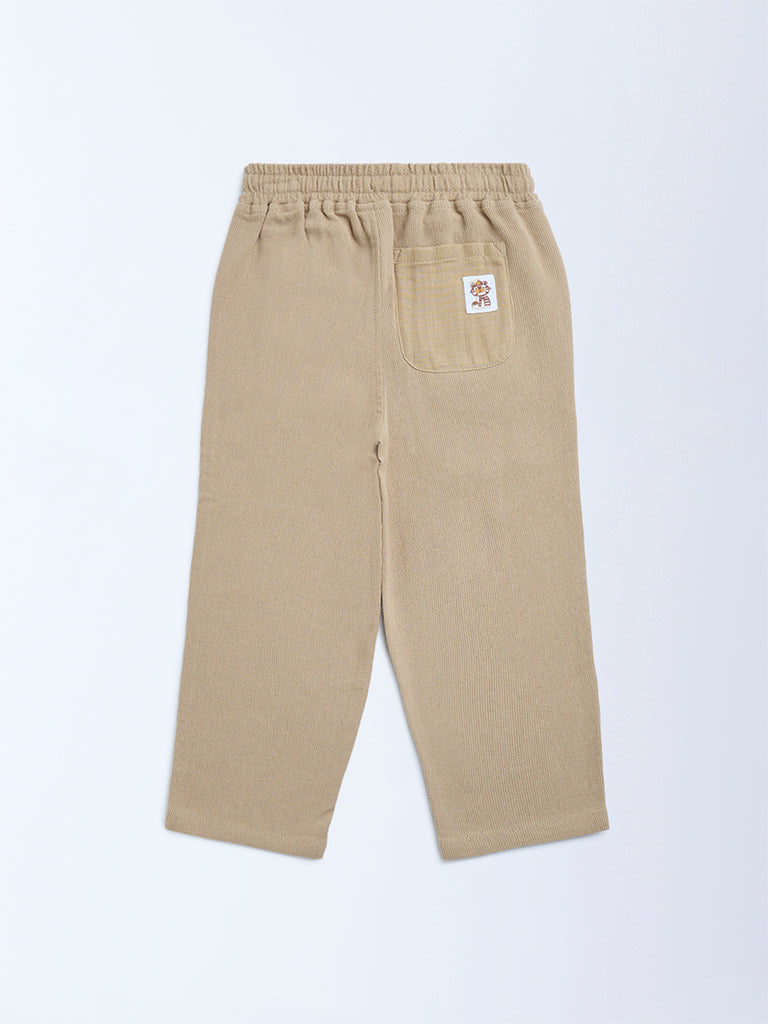 HOP Kids Beige Solid Mid-Rise Cotton Trousers