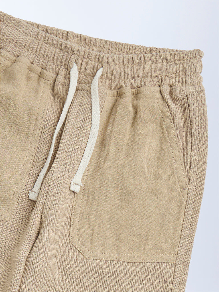 HOP Kids Beige Solid Mid-Rise Cotton Trousers
