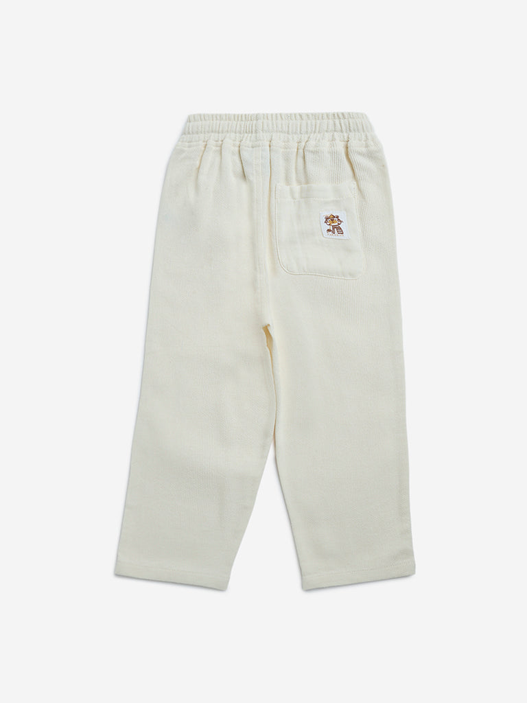 HOP Kids Off-White Textured Mid-Rise Cotton Trousers