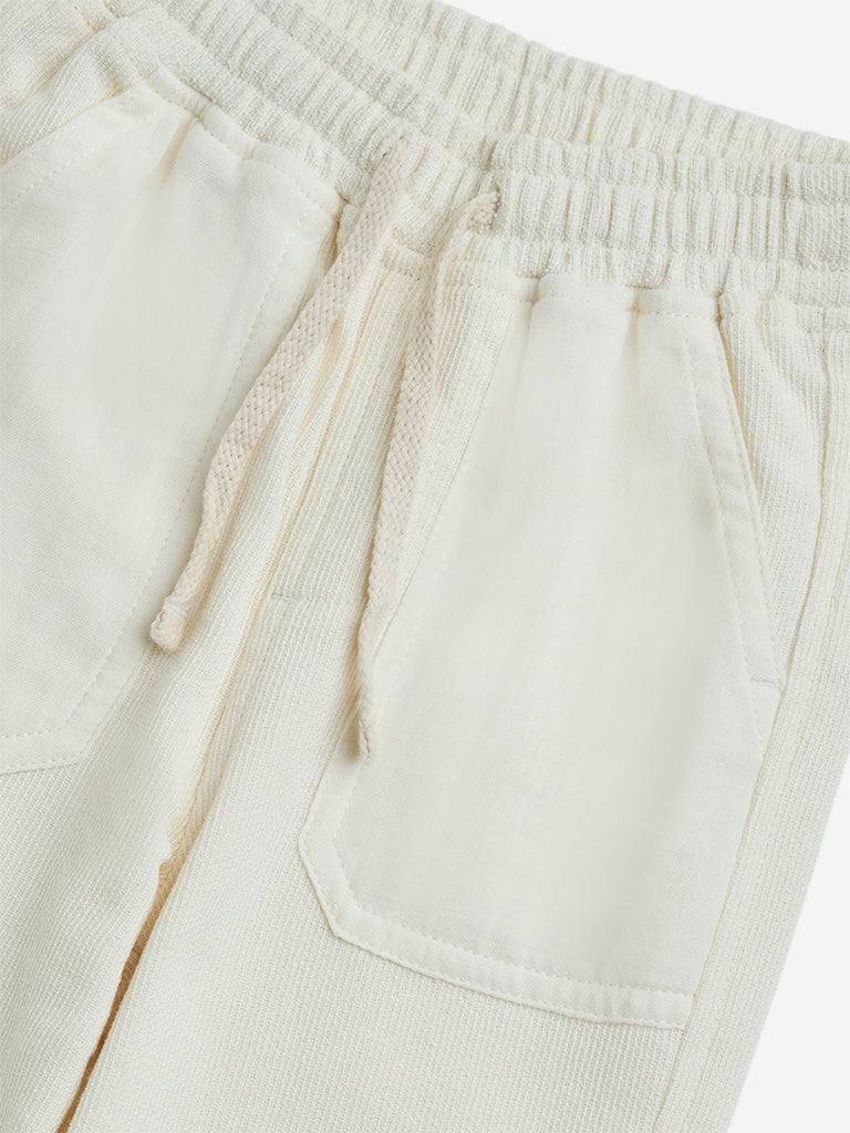 HOP Kids Off-White Textured Mid-Rise Cotton Trousers