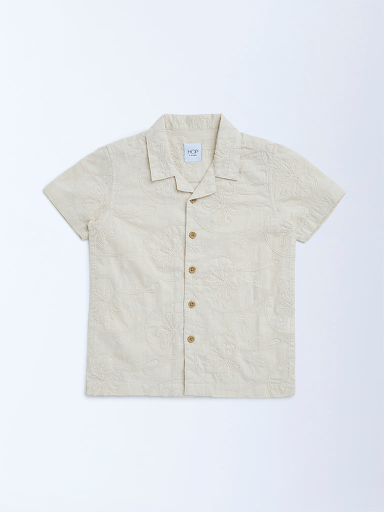 HOP Kids Beige Embroidered Cotton Shirt