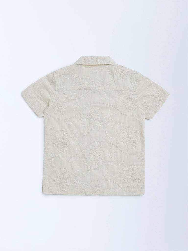 HOP Kids Beige Embroidered Cotton Shirt