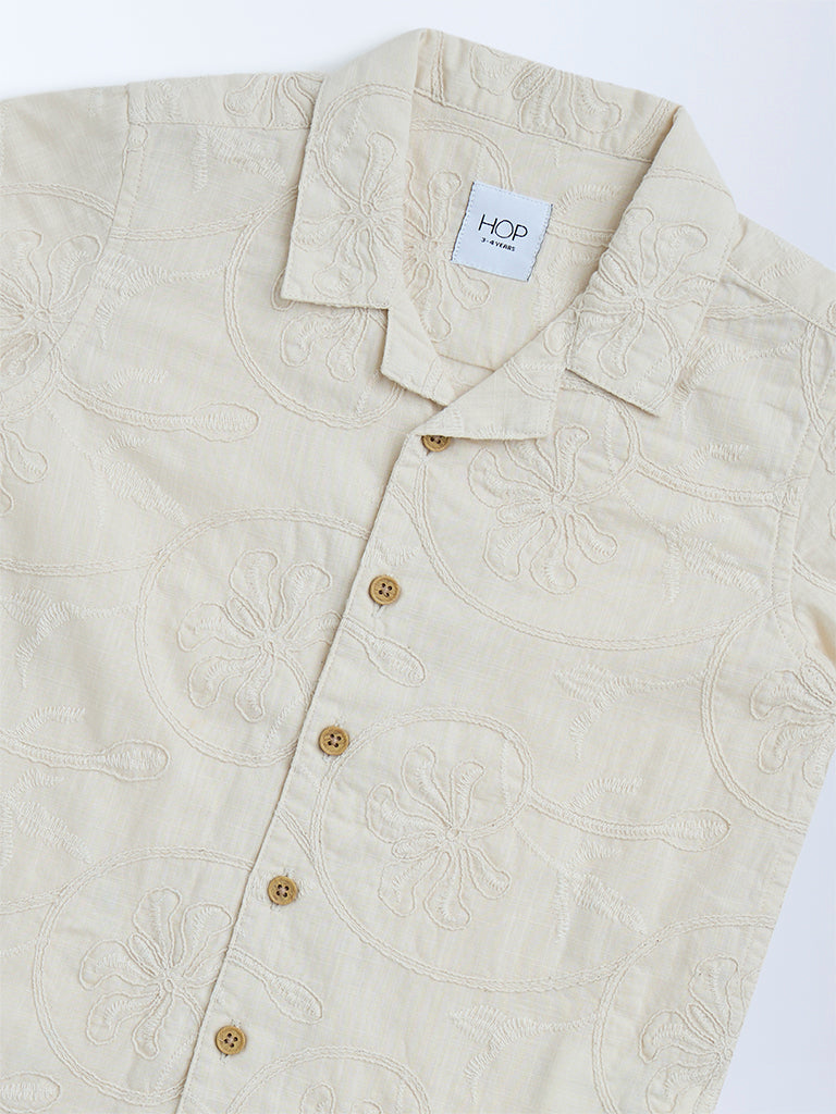 HOP Kids Beige Embroidered Cotton Shirt