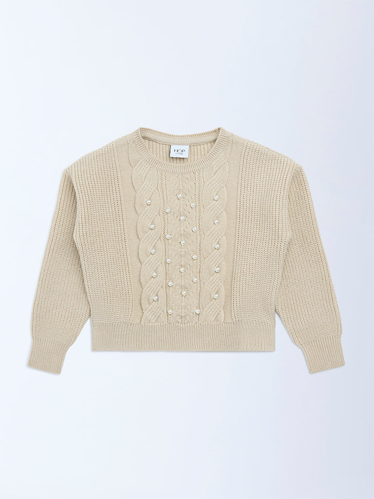 HOP Kids Beige Pearl-Detailed Sweater