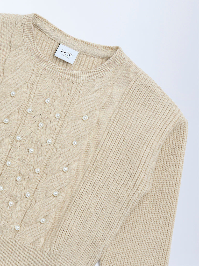 HOP Kids Beige Pearl-Detailed Sweater