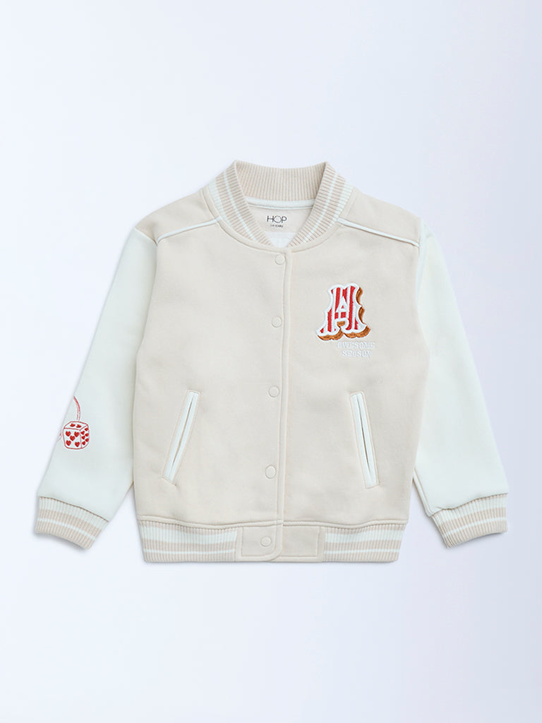 HOP Kids Beige Printed Cotton-Blend Varsity Jacket