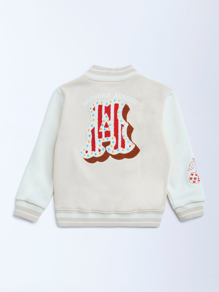 HOP Kids Beige Printed Cotton-Blend Varsity Jacket