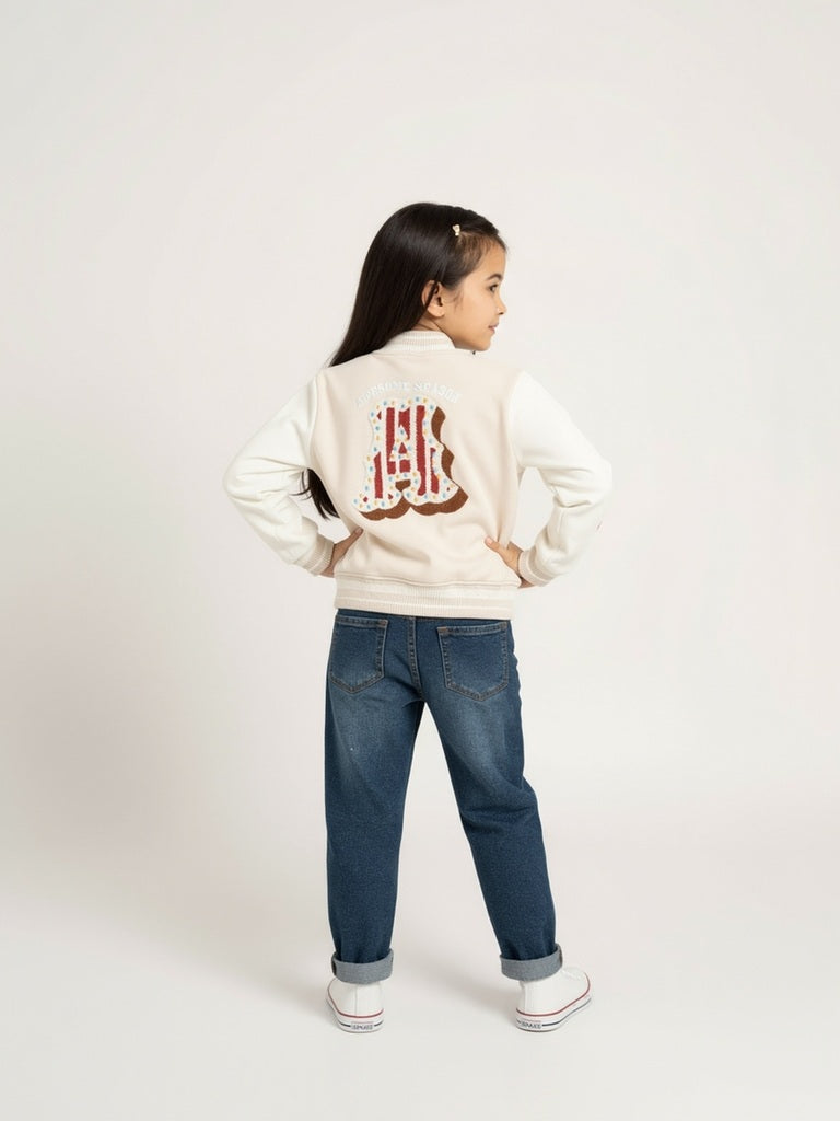 HOP Kids Beige Printed Cotton-Blend Varsity Jacket