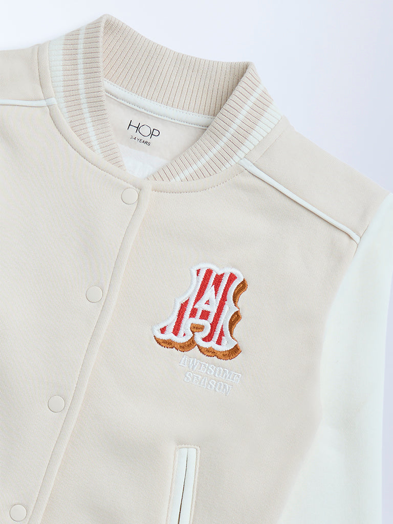 HOP Kids Beige Printed Cotton-Blend Varsity Jacket