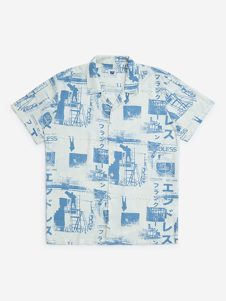 Y&F Kids Blue Graphic Printed Resort-Fit Shirt