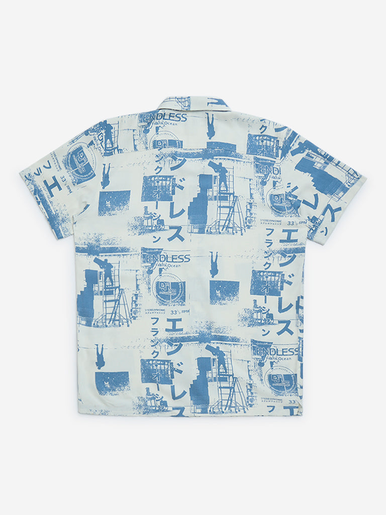 Y&F Kids Blue Graphic Printed Resort-Fit Shirt
