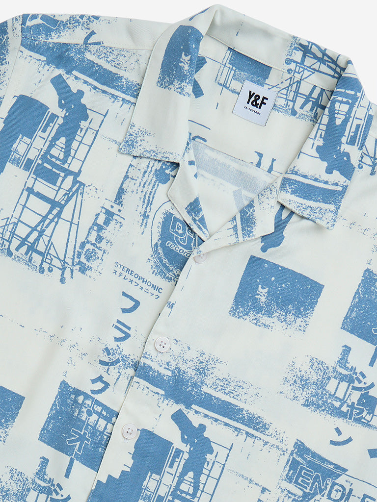 Y&F Kids Blue Graphic Printed Resort-Fit Shirt