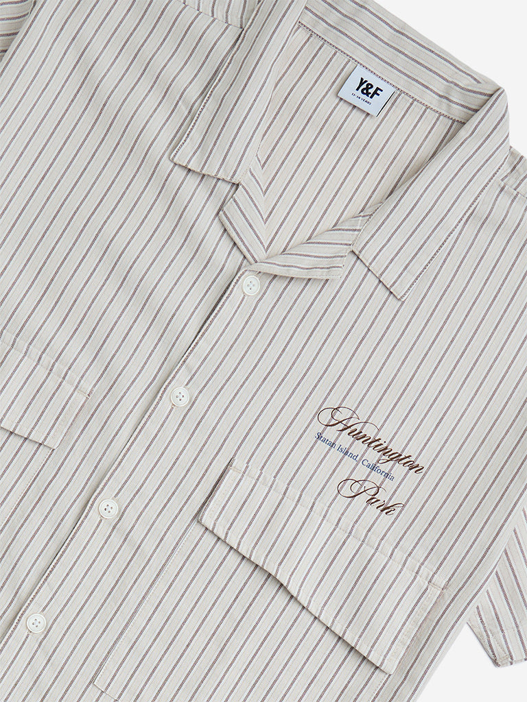 Y&F Kids Brown Stripe Printed Cotton Shirt