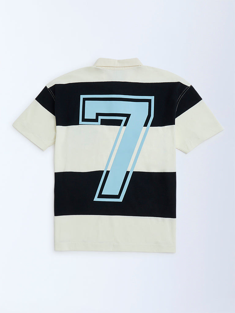 Y&F Kids Black Colour-Blocked Cotton Polo T-Shirt