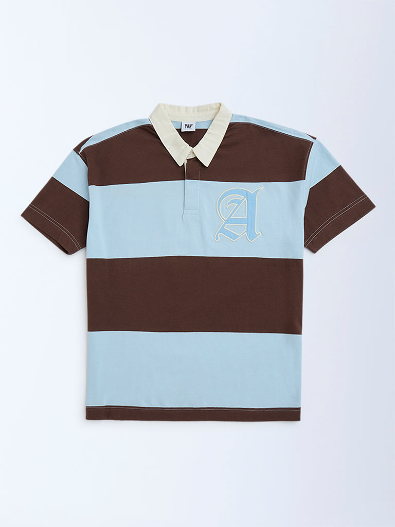 Y&F Kids Brown Colour-Blocked Cotton Polo T-Shirt