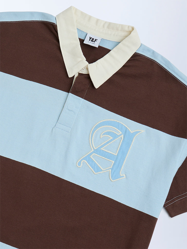 Y&F Kids Brown Colour-Blocked Cotton Polo T-Shirt