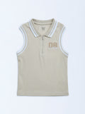 Y&F Kids Beige Ribbed-Textured Cotton-Blend Quarter-Zip Polo T-Shirt