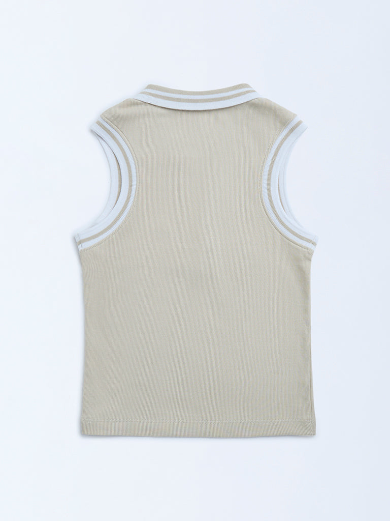 Y&F Kids Beige Ribbed-Textured Cotton-Blend Quarter-Zip Polo T-Shirt