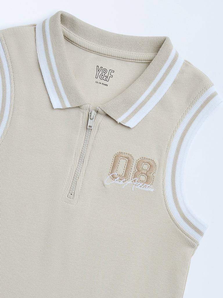 Y&F Kids Beige Ribbed-Textured Cotton-Blend Quarter-Zip Polo T-Shirt