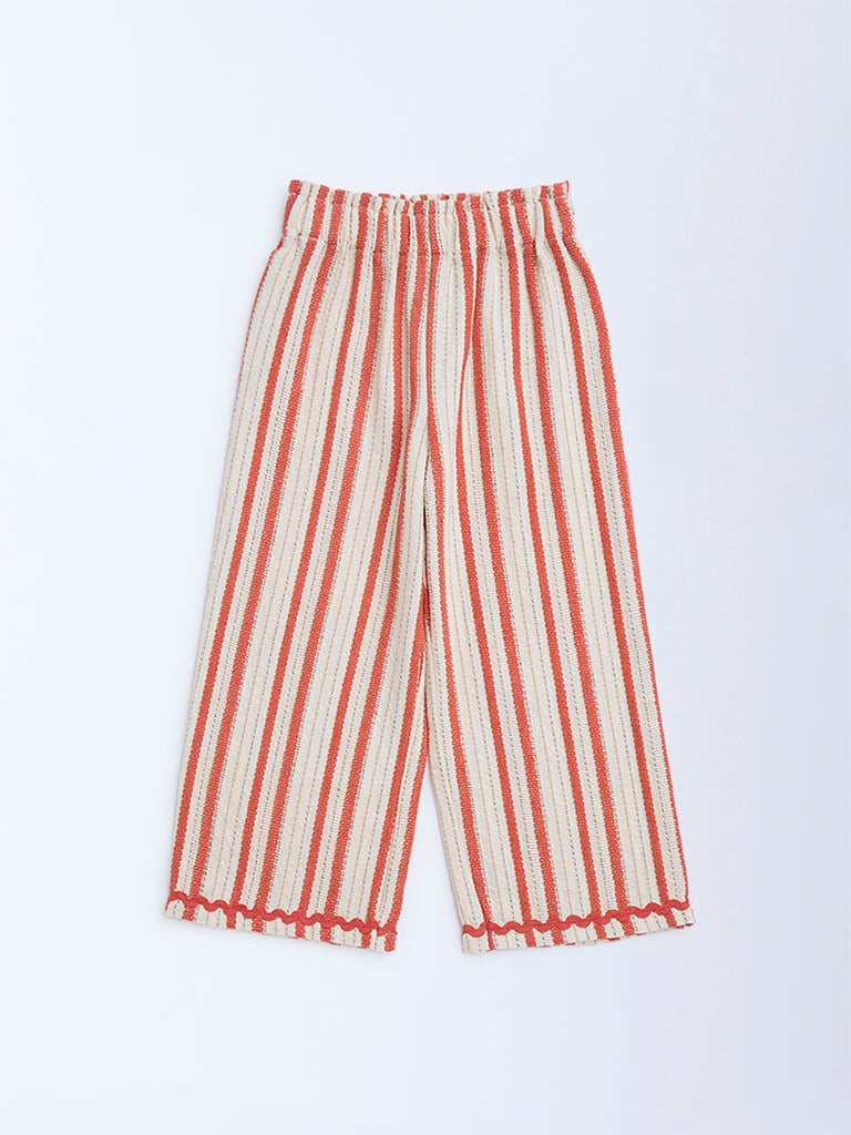 HOP Kids Rust Striped High-Rise Cotton-Blend Trousers