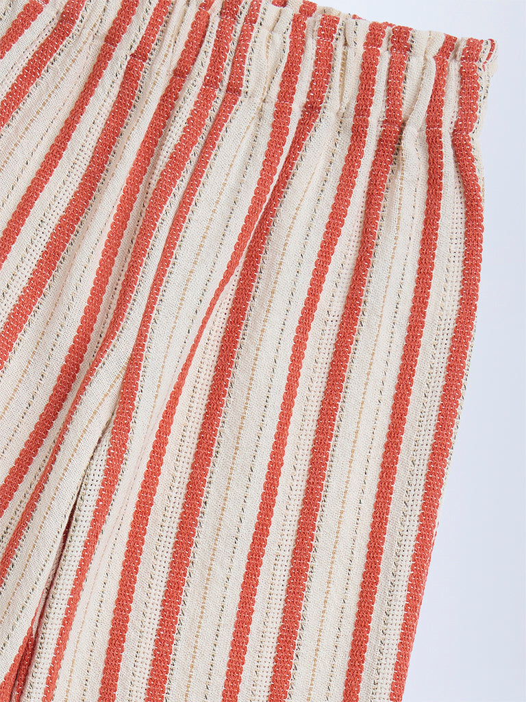 HOP Kids Rust Striped High-Rise Cotton-Blend Trousers